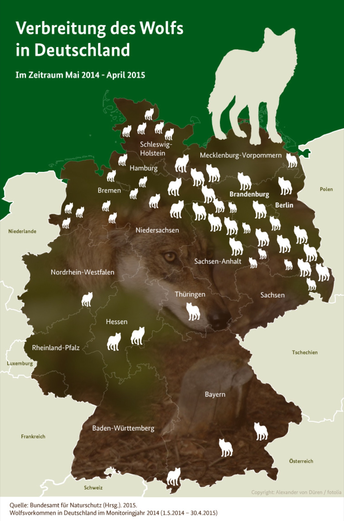 Foto: Bundesamt für Naturschutz (Hrsg). Wolfsvorkommen in Deutschland