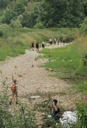 Fußmarsch durch das trockene, steinige Donau-Flussbett