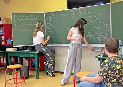 Ideen sammeln, Texte schreiben, Melodien entwickeln und Rhythmen ausprobieren: Karo Lindt und Julia Kelsch von der Popakademie Mannheim waren zu Gast im SBBZ Zell.